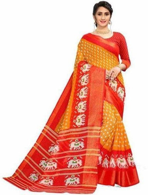 Saadhvi Printed Banarasi Lycra Blend Saree(Red, Yellow)