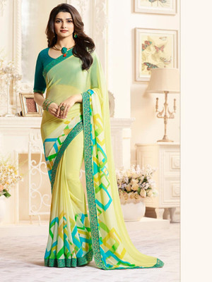 Hensi sarees shop Printed Bollywood Chiffon, Georgette Saree(Yellow)