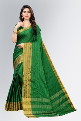 SARETRA MALL Striped Kanjivaram Art Silk Saree(Green)