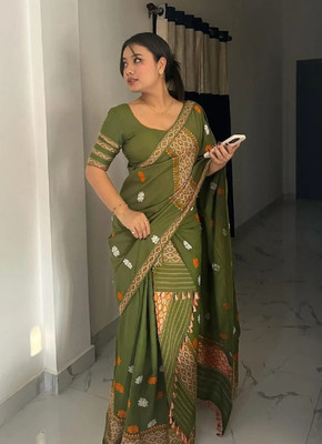 Krishna Creation Self Design Mekhela Chador Cotton Blend Saree(Green)