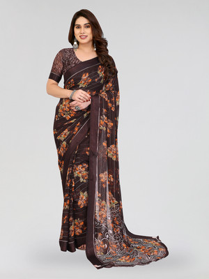 Moda Rapido Embellished, Floral Print Bollywood Georgette, Satin Saree(Brown)