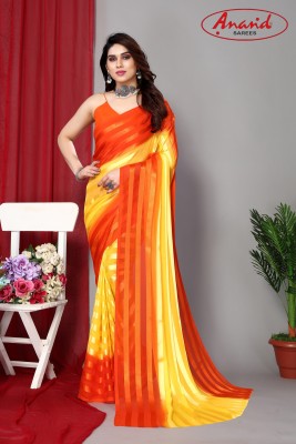 Anand Sarees Ombre, Striped Bollywood Satin Saree(Yellow, Orange)