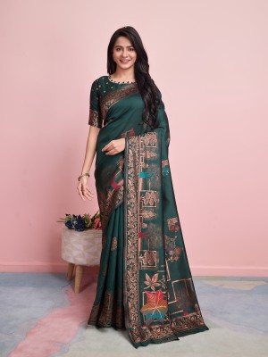 RICH & ROMAN Embellished Banarasi Jacquard, Pure Silk Saree(Dark Green)