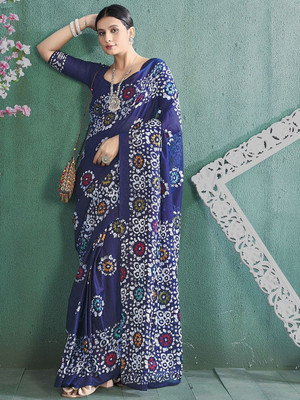 HERE&NOW Printed Ikkat Pure Cotton Saree(Blue)
