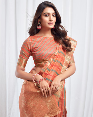 SIRIL Striped Chettinadu Cotton Silk Saree(Orange, Gold)