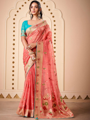 HERE&NOW Woven Bollywood Silk Blend Saree(Pink)