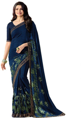 SUPUJIT Printed, Digital Print, Floral Print Bollywood Georgette Saree(Dark Blue)