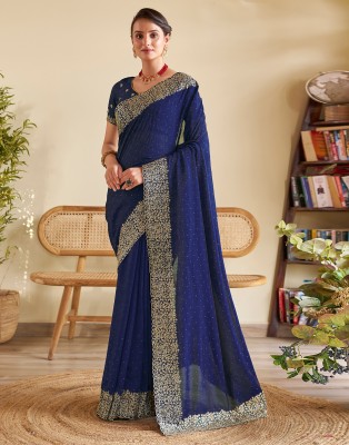 Samah Self Design, Embellished Bollywood Silk Blend Saree(Dark Blue, Gold)