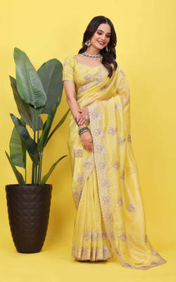 LH ENTERPRISE Embroidered, Self Design, Embellished Bollywood Silk Blend Saree(Yellow)