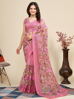 pridewear Embroidered Bollywood Net Saree(Pink)