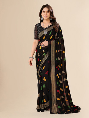 kashvi sarees Striped, Floral Print Daily Wear Georgette Saree(Black)
