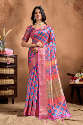 Mirthika Text Printed Assam Silk Silk Blend Saree(Multicolor)