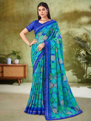Tasrika Floral Print, Geometric Print, Digital Print, Printed Bollywood Chiffon Saree(Green, Blue)