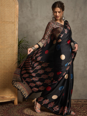 ANOUK Printed Hand Batik Crepe Saree(Black)