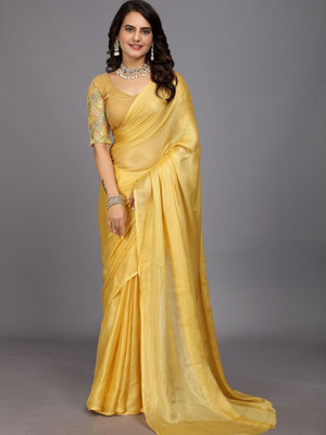 DG's Attire Solid/Plain Bollywood Chiffon Saree(Yellow)