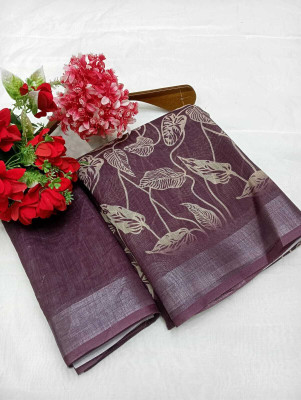 HouseOfCommon Printed Kanjivaram Cotton Linen, Linen Saree(Purple)