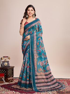 OFLINE SELECTION Printed Daily Wear Linen Saree(Blue)