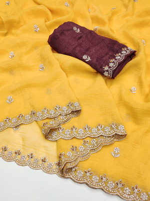 VATRIKA Embroidered Bollywood Chiffon Saree(Yellow)