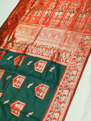 Shampas World Woven Baluchari Silk Blend Saree(Dark Green)