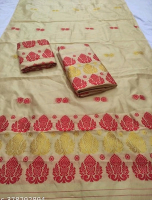 Assamese mekhela Codor Woven, Temple Border Mekhela Chador Art Silk Saree(Cream)