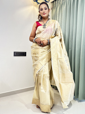 Sareemall Printed Banarasi Silk Blend Saree(Cream)