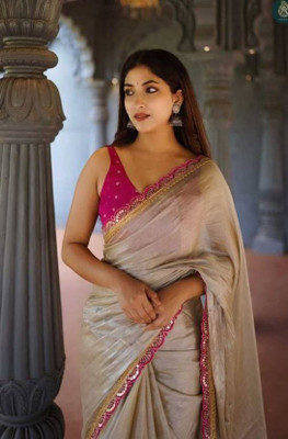 Sita Solid/Plain Bollywood Georgette Saree(Beige, White)