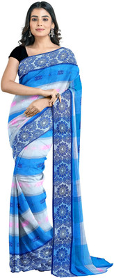 PRANATI ENTERPRISE Printed, Woven Tant Pure Cotton Saree(White, Blue)