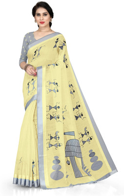 MIRCHI FASHION Printed, Blocked Printed Bollywood Cotton Blend Saree(Yellow, Grey)