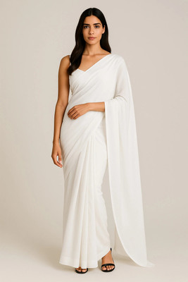 BINAKA FASHION Solid/Plain Bollywood Georgette Saree(White)