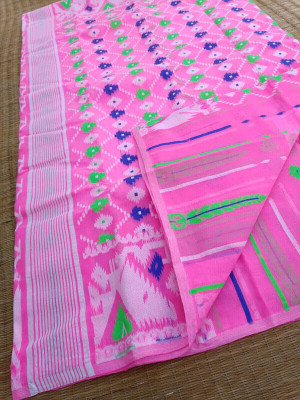 Dristikone Woven Jamdani Pure Cotton Saree(Pink)