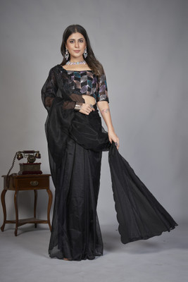 KV Fashion Solid/Plain Bollywood Organza Saree(Black)