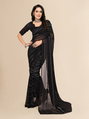 Moda Rapido Striped, Self Design Daily Wear Satin Saree(Black)