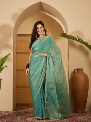 FABMORA Solid/Plain, Embellished Bollywood Tissue Saree(Green)