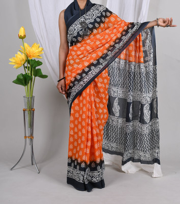 Threadier Printed Bollywood Pure Cotton Saree(Orange)