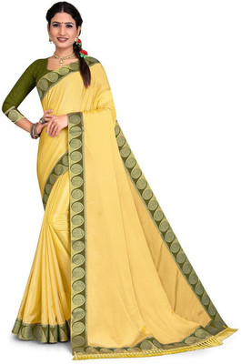 Envi Solid/Plain Bollywood Silk Blend Saree(Yellow)