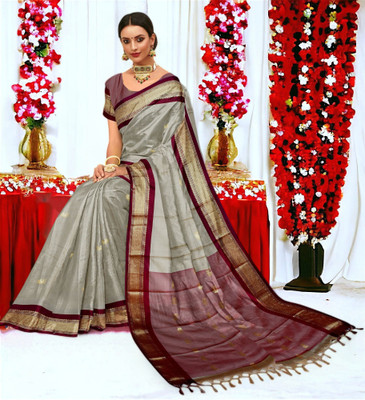 Dnyanada Embroidered Paithani Cotton Silk Saree(Dark Blue, Red)