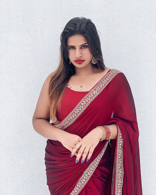 Sonika Fashions Solid/Plain Bollywood Silk Blend Saree(Maroon)