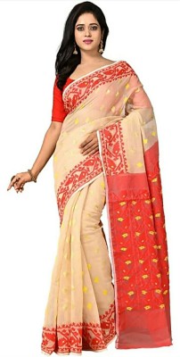 Krishneshwari Woven Jamdani Pure Cotton Saree(Red, Cream)