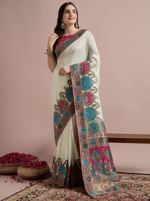 Tasrika Woven, Printed Banarasi Viscose Rayon Saree(Cream)