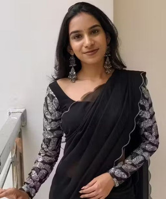 TAGALE Solid/Plain Bollywood Georgette Saree(Black)