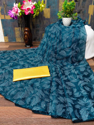 Crally Self Design Daily Wear Net Saree(Light Blue)