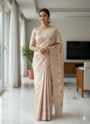 DUDHANE TRADING CORPORATION Self Design, Woven, Floral Print Banarasi Silk Blend Saree(Cream)