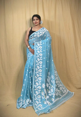 Ayanti Fashion Woven Jamdani Muslin Saree(Light Blue)