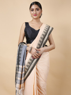 Ruuprekha Temple Border Handloom Cotton Blend Saree(Cream)