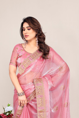 KHRITI FAB Embroidered Bollywood Jimmy choo Saree(Pink)