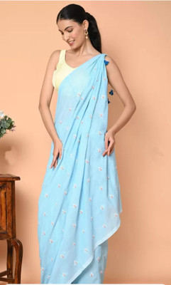 GOURISAREE Embroidered Tant Cotton Blend Saree(Light Blue)