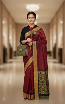 Afronza Temple Border, Self Design, Woven Sambalpuri Pure Silk Saree(Maroon)