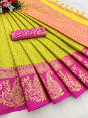 KanjiQueen Woven Kanjivaram Cotton Silk, Silk Blend Saree(Light Green, Pink)