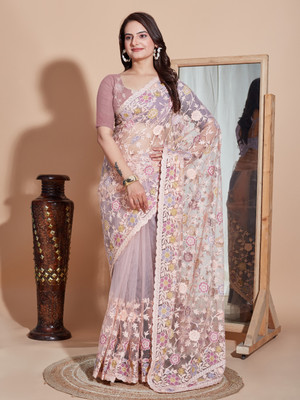 bal krishna Embroidered Handloom Net Saree(Pink)