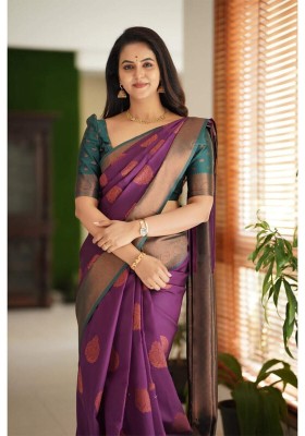 kriyafashion Woven Kanjivaram Silk Blend Saree(Purple)